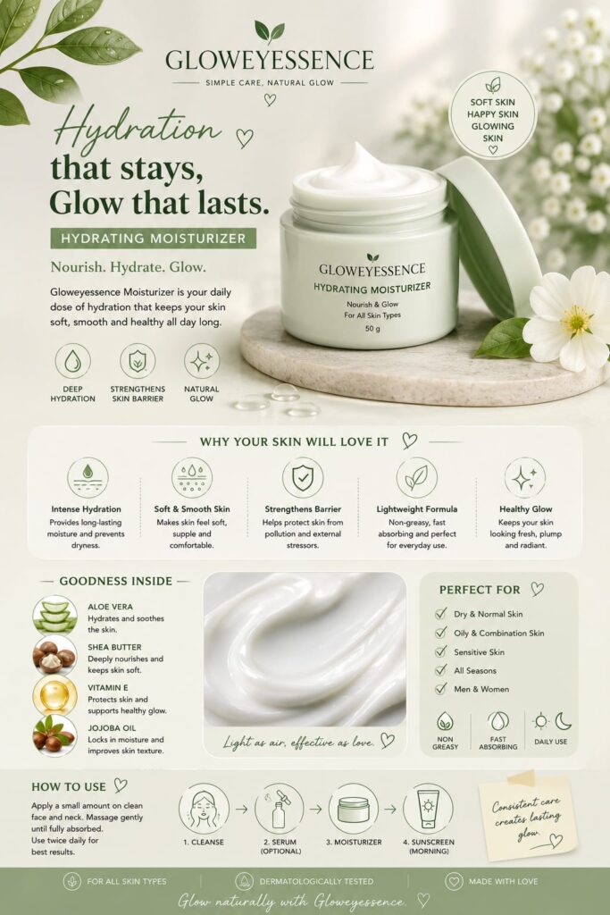 Gloweyessence Hydrating Moisturizer – lightweight face cream for dry, oily, combination, and sensitive skin. Enriched with aloe vera, shea butter, vitamin E, and jojoba oil to deeply hydrate, strengthen the skin barrier, and promote a healthy, radiant glow.