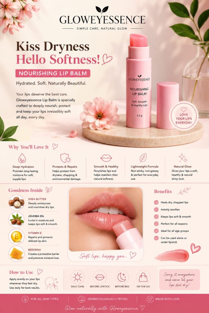 Gloweyessence Nourishing Lip Balm for dry, chapped lips with shea butter, jojoba oil, vitamin E, and beeswax. Hydrating lip balm that repairs, moisturizes, and keeps lips soft and smooth.