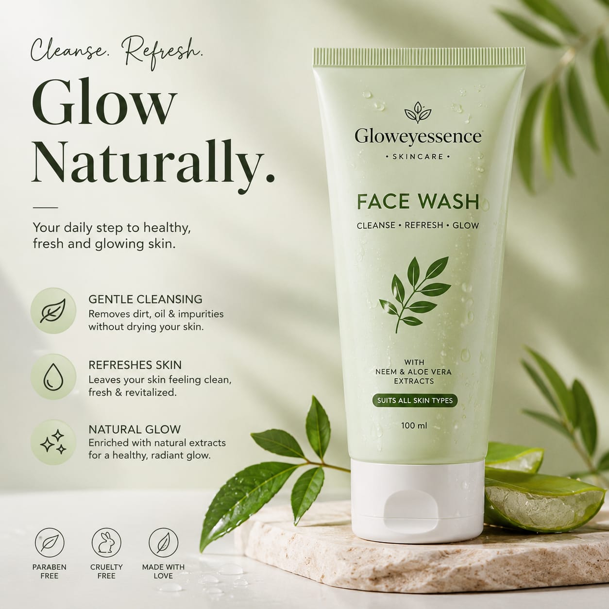 Gloweyessence Neem & Aloe Vera Face Wash – gentle facial cleanser for all skin types. Removes dirt, excess oil, and impurities while hydrating, refreshing, and enhancing your skin's natural glow.